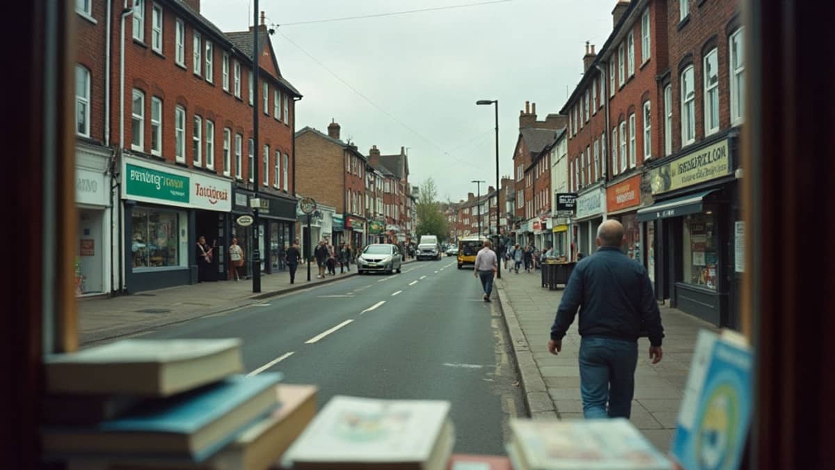A busy Birmingham district high street with mixed shopfronts under flat grey light