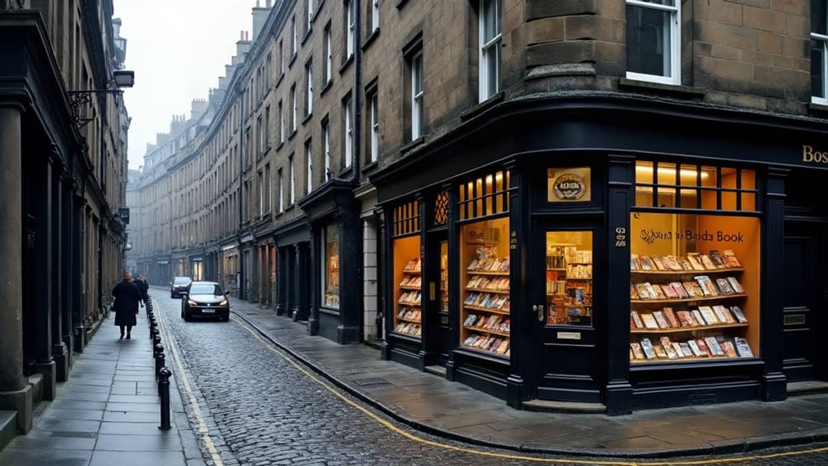 A steep Edinburgh street of dark stone tenements, a lit shop window of books on the corner