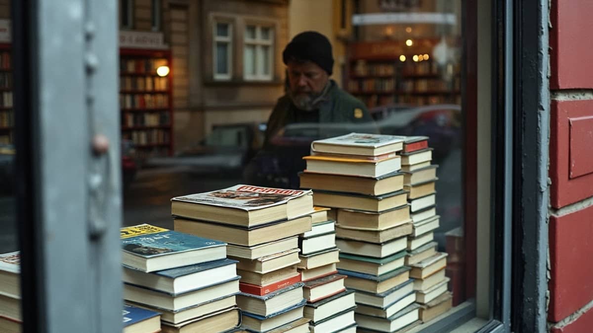 Piles of second-hand books behind a shop window, a Glasgow street reflected in the glass