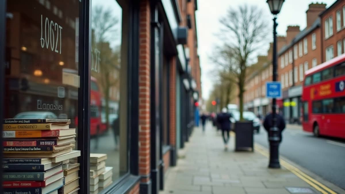 A London high street of Victorian shopfronts under grey cloud, books stacked in a window
