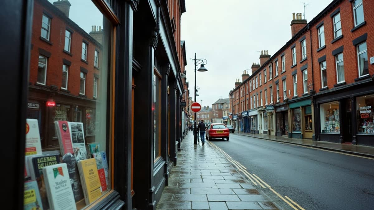 A Manchester high street of red brick shopfronts on a damp overcast afternoon