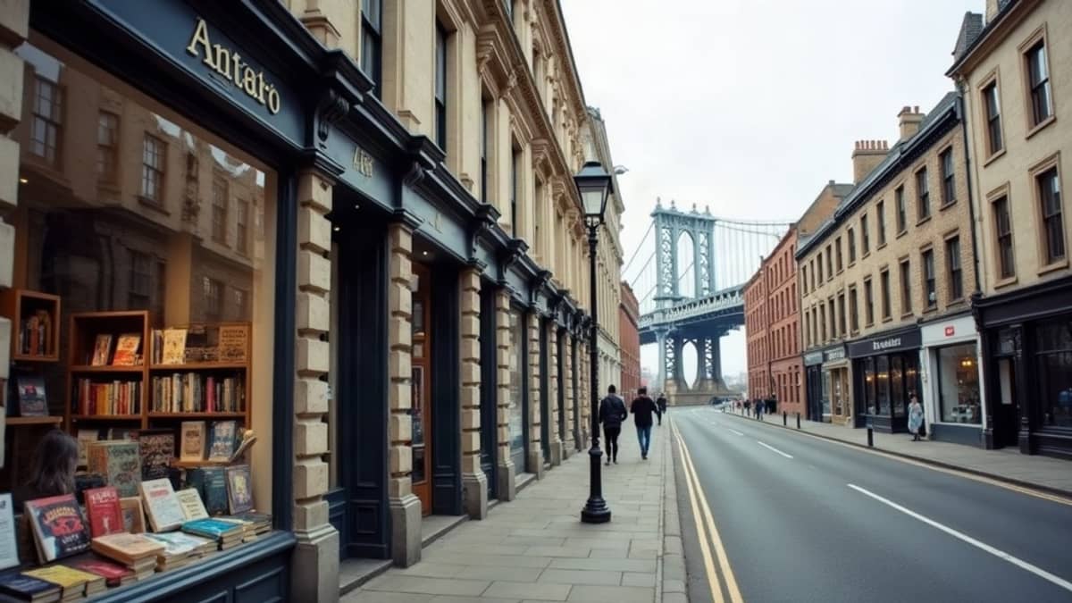A Newcastle street of pale stone shopfronts, a steel bridge span faint in the distance