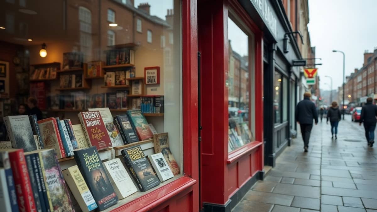 A sloping Nottingham high street of red brick shopfronts on a dull day