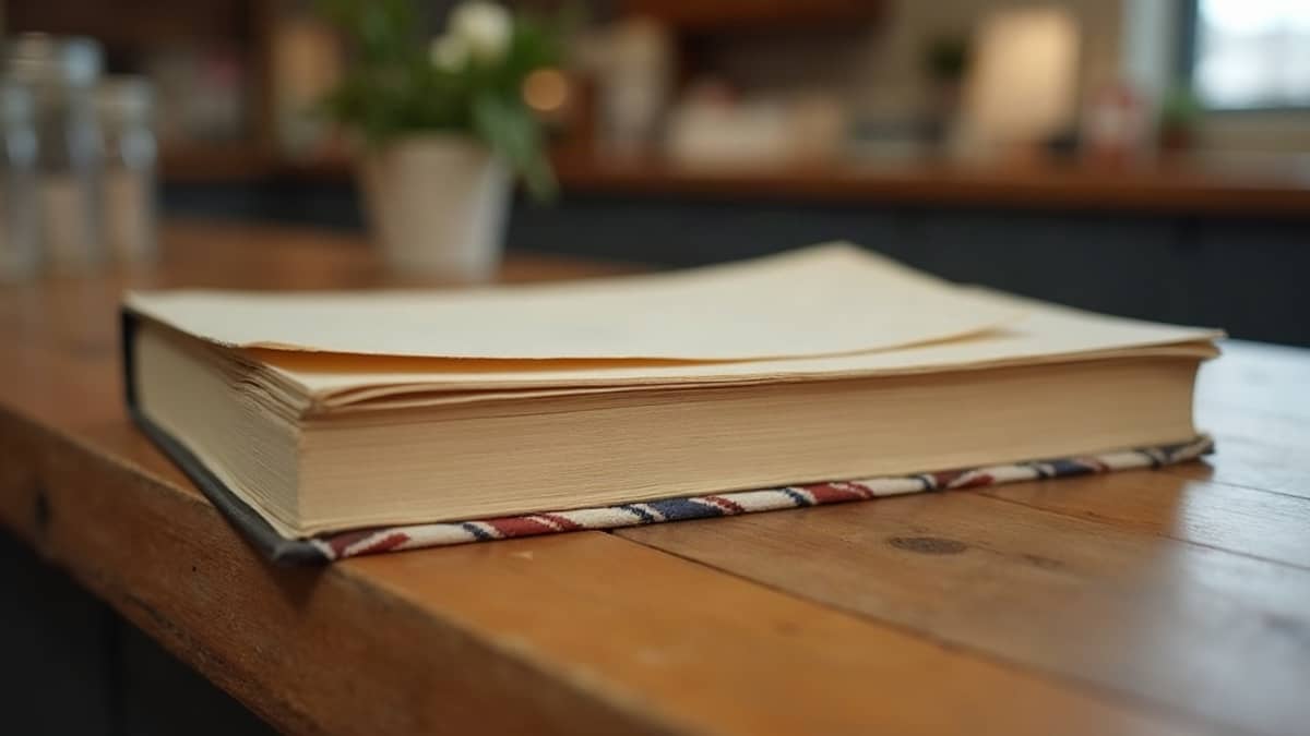 A single creased paperback lying on a wooden shop counter