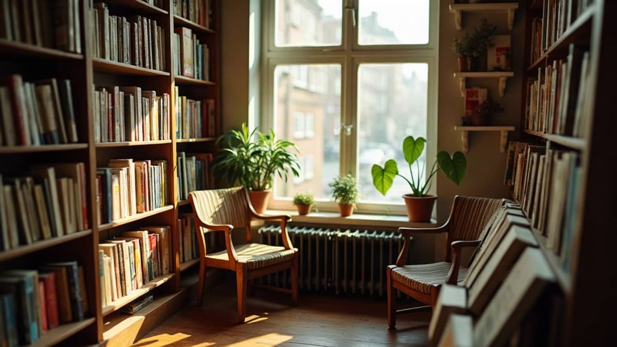 A sunlit corner of a second-hand bookshop, crowded shelves and worn armchairs