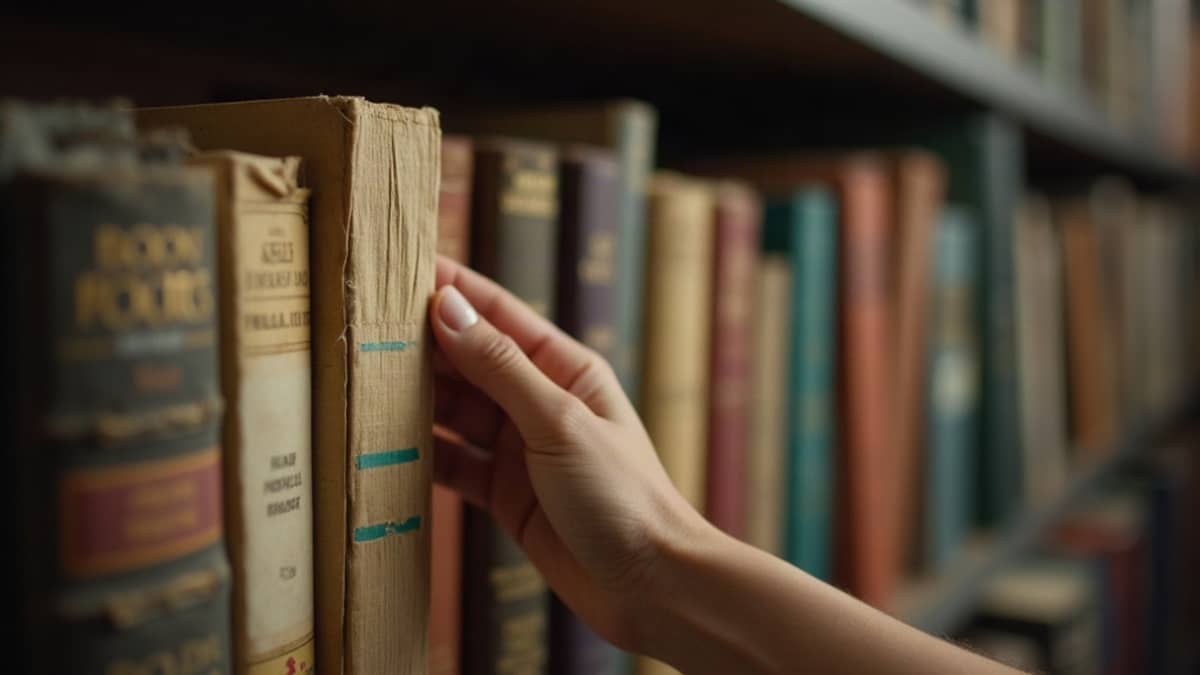 A hand easing a worn paperback from a crowded second-hand bookshelf in warm light