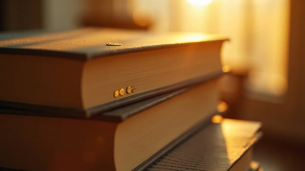 A stack of hardbacks in golden window light, a foil prize sticker glinting on the top book